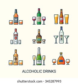 Alcoholic drinks icons in flat line trendy style. Cups for different drinks. Line art. Whiskey, wine, beer and vodka. Liquor, vermouth and rum. Champagne and cognac.