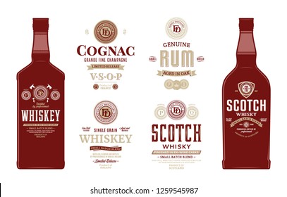 Alcoholic drinks labels and bottle mockup templates. Whiskey, scotch whisky, cognac and rum labels. Distilling business branding and identity design elements.