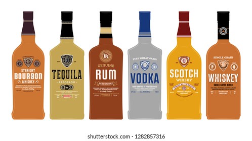 Alcoholic drinks labels and bottle mockup templates. Whiskey, scotch whisky, bourbon, rum, vodka and tequila labels. Distilling business branding and identity design elements.