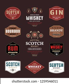 Alcoholic drinks labels and packaging design templates. Whiskey, scotch, rum, brandy, bourbom and gin labels. Distilling business branding and identity design elements.