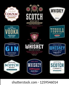 Alcoholic drinks labels and packaging design templates. Whiskey, scotch, gin, cognac, tequila and vodka labels. Distilling business branding and identity design elements.