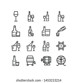 Alcoholic drinks line icon set. Glass, bottle, barrel. Alcohol concept. Can be used for topics like restaurant, bar, pub, wine, shot