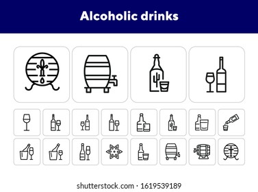 Alcoholic drinks line icon set. Glass, bottle, barrel. Alcohol concept. Can be used for topics like restaurant, bar, pub, wine, shot