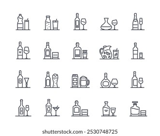 Alkoholische Getränke Linien Symbole. Einfache Symbole mit Wodka, Bier, Wein, Whiskey und Cocktail. Bearbeitbarer Strich. Design-Element für das Balkenmenü. Gliederungsvektorgrafik-Kollektion einzeln auf Hintergrund