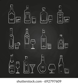 Alcoholic drinks line icons - white drinks icons on chalkboard. Drawing alcohol, vector illustration