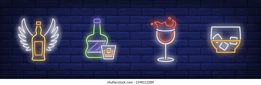 Alcoholic drinks neon sign set. Bottle with wings, whiskey, glass of wine. Vector illustration in neon style, bright banner for topics like refreshment, celebration, bar