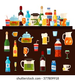 Alcoholic drinks and non alcoholic drinks with bottles and glasses isolated. 
Vector set of different beverages: water, milk, beer, lemonade, green tea, black tea, wine, cola, champagne.