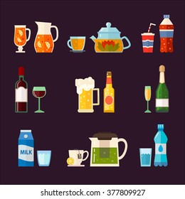 Alcoholic Drinks And Non Alcoholic Drinks With Bottles And Glasses Isolated. 
Vector Set Of Different Beverages: Water, Milk, Beer, Lemonade, Green Tea, Black Tea, Wine, Cola, Champagne.
