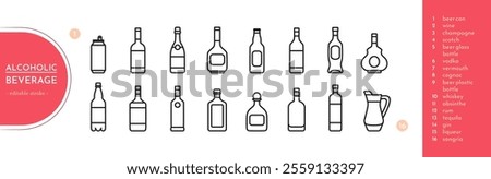 Alcoholic drinks packaging icon set in a line style. Editable stroke. Contains common beverages as wine, beer, whiskey, etc. Web pictograms. Vector illustration isolated on white background