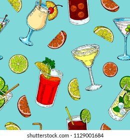 Alcoholic drinks pattern. Colorful sketch cocktails. vector pattern. Margarita. Mojito, bloody mary and cuba libre. Exotic cocktails pattern, drink print.