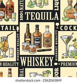 Alcoholic drinks pattern seamless colorful bottles and glasses from restaurant bar and words tequila and whiskey premium quality vector illustration