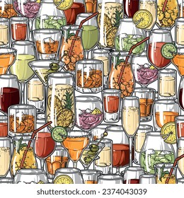 Alcoholic drinks pattern seamless colorful glasses cocktails and wine near shots with liqueur or flute filled with champagne vector illustration