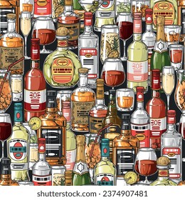 Alcoholic drinks pattern seamless colorful with bottles and glasses with intoxicating booze for restaurant wine card design vector illustration