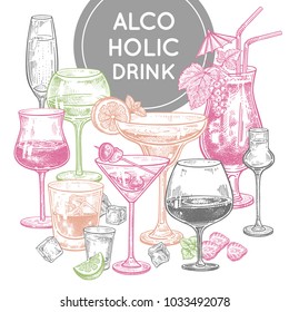 Alcoholic drinks poster. Glass of champagne, margarita, brandy, whiskey with ice, cocktail, wine, vodka, tequila and cognac. Color vintage engraving. Hand drawing poster. Vector illustration