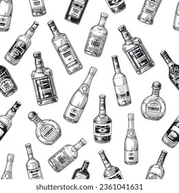 Bebidas alcohólicas patrón sin fisuras monocromo con botellas whisky y cerveza o champán con tequila para el diseño de la vitrina de bar ilustración vectorial