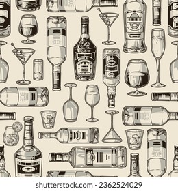 Alcoholic drinks seamless pattern monochrome glassfuls and bottles whiskey and cognac or vermouth martini for wine list design vector illustration