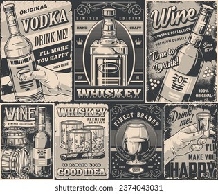 Alcoholic drinks set flyers monochrome with vodka bottle in hand near whiskey or wine for booze book design vector illustration