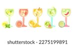 Alcoholic drinks set. Gin tonic with citrus fruits and ice cubes and different ingredients. Vector flat illustration with texture and gradient. Bright illustrations of alcoholic drinks