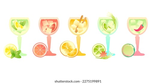 Alcoholic drinks set. Gin tonic with citrus fruits and ice cubes and different ingredients. Vector flat illustration with texture and gradient. Bright illustrations of alcoholic drinks