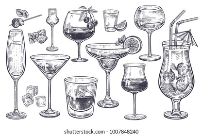 Alcoholic drinks set. Glass of champagne, margarita, brandy, whiskey with ice, cocktail, wine, vodka, tequila and cognac. Isolated black and white vintage engraving. Hand drawing. Vector illustration  - Shutterstock ID 1007848240