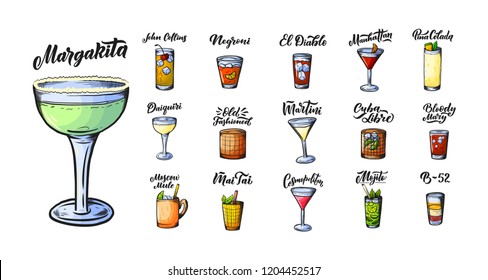 Alcoholic drinks set. Glass of cocktails. Isolated black and white vintage engraving. Sketch art, coloring cartoon style. Hand drawing. Vector illustration