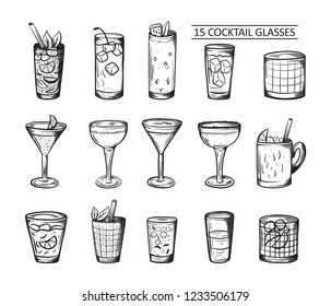 Alcoholic drinks set. Glass of cocktails. Isolated black and white vintage engraving. Sketch art style. Hand drawing. Vector illustration