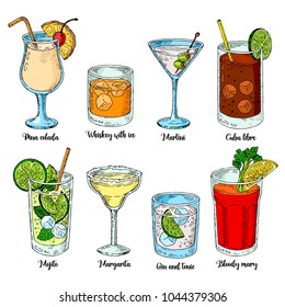 Alcoholic drinks set. Set of isolated colorful sketch cocktails. vector illustration. Margarita, whiskey, tequila. Mojito, bloody mary and cuba libre.