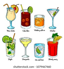 Alcoholic drinks. Set of isolated colorful sketch cocktails. vector illustration. Margarita, whiskey, tequila. Mojito, bloody mary and cuba libre.