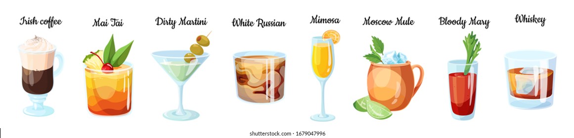 Alcoholic drinks set. Set of isolated colorful cocktails  vector cartoon illustration. Dirty martini, whiskey, mimosa. Irish coffee, bloody mary and mai tai.