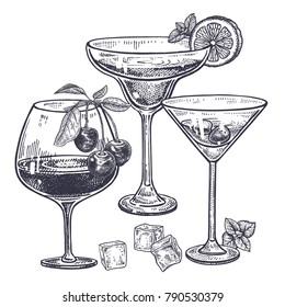 Alcoholic drinks set. Margarita, brandy and liquor in wineglass, ice, cherries, mint, lemon. Isolated on white background. Black and white vintage engraving. Hand drawing. Vector illustration art.