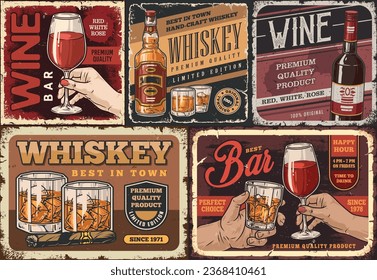 Alcoholic drinks set posters colorful with glass red wine or whiskey in hand to promote new alcohol brands vector illustration