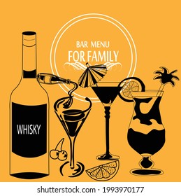 Alcoholic drinks set. Vintage hand drawing. Bottles with whisky and champagne, glasses, cocktails, fruits like cherry, lemon beverages. Isolated black image on orange background. Vector illustration