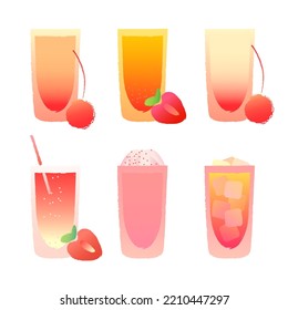 Alcoholic drinks in shot glass. Set vector illustration with texture and gradient. Liquids with topping and berries. Glass of tequila, vodka, cocktail, shot drink. Vector illustration on white back