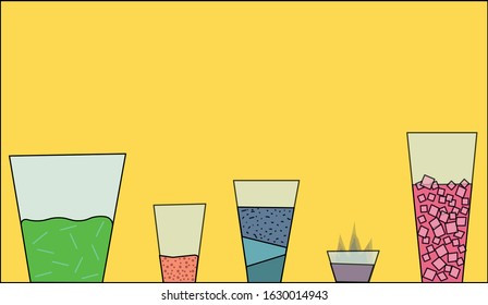 Alcoholic drinks shots. Soft drinks in glasses. Sparkling water, cocktail. beach bar, restaurant. drinks menu. mulled wine. mojito. ice, cool summer. pattern, vector eps 10. harm of alcohol