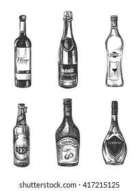 Alcoholic drinks in sketch hand drawn style. Alcohol drink for  restaurant menu, hand drawn bottle alcohol. Vector illustration