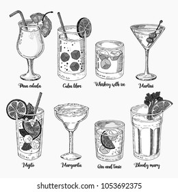 Alcoholic drinks sketch set. Set of isolated colorful sketch cocktails. Margarita, whiskey, tequila. Mojito, bloody mary and cuba libre.