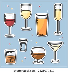 Alcoholic drinks stickers flat vector style.White and red wine, beer, champagne,whiskey, cognac, martini, tequila