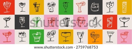 Alcoholic drinks and summer cocktails in doodle sketch charcoal style. Bar menu beverage elements for party invitations, club flyers and drink cards. Vector hand drawn glassware set.