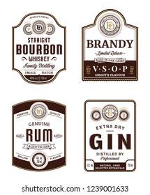 Alcoholic drinks vintage labels and packaging design templates. Bourbon, brandy, rum and gin labels. Distilling business branding and identity design elements.