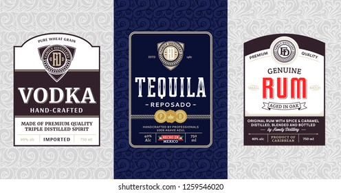 Alcoholic drinks vintage labels and packaging design templates. Vodka, tequila and rum labels. Distilling business branding and identity design elements.