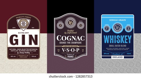 Alcoholic drinks vintage labels and packaging design templates. Gin, cognac and whiskey labels. Distilling business branding and identity design elements.