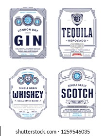 Alcoholic drinks vintage thin line labels and packaging design templates. Gin, tequila, whiskey and scotch labels. Distilling business branding and identity design elements.