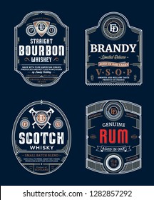 Alcoholic drinks vintage thin line labels and packaging design templates. Bourbon, brandy, scotch whisky and rum labels. Distilling business branding and identity design elements.