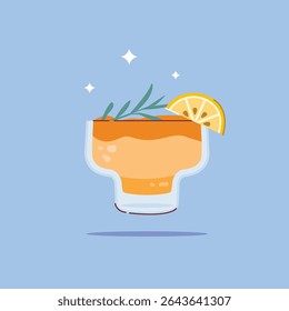 alcoholic fruit cocktail drink in a mini glass. Summer appetizer decorated with rosemary and orange. Illustration of soft and alcoholic drinks.
