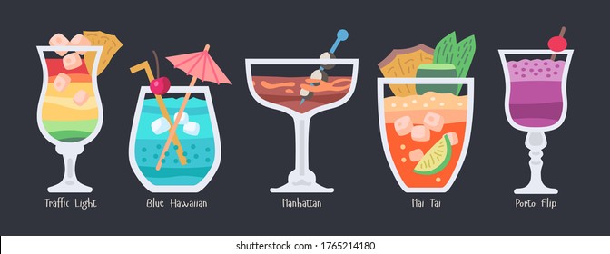 Alcoholic fruit cocktails collection. Beach summer party drinks isolated on dark background.