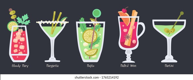 Alcoholic fruit cocktails collection. Beach summer party drinks isolated on dark background.