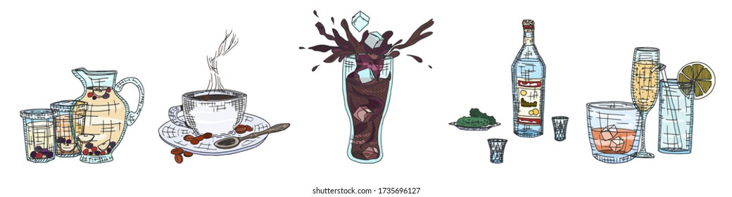 bebidas alcohólicas y frutales con una taza de café. material vectorial de boceto