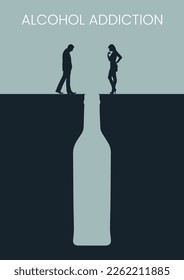 Alcoholic gulf between us. Vector illustration of alcohol addiction. Sketch for creativity.