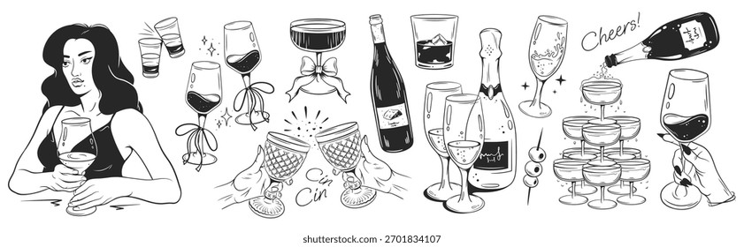 Alkoholische handgezeichnete Vektorgrafiken. Cocktails, Weinflasche, Glas. Skizzensatz. 
