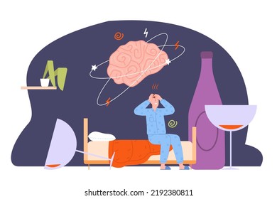 Alcoholic hangover. Drunk man in pajama sick after abuse alcohol, damage health brain bad habit drinking wine bottle sad addict drinker strong alcoholism, vector illustration of alcoholic hangover